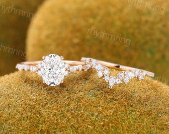 1ct Oval Lab Zuchtdiamant Verlobungsring Set IGI Zertifikat Ring Roségoldring Vintage Curved Brautring Versprechen Jubiläumsring