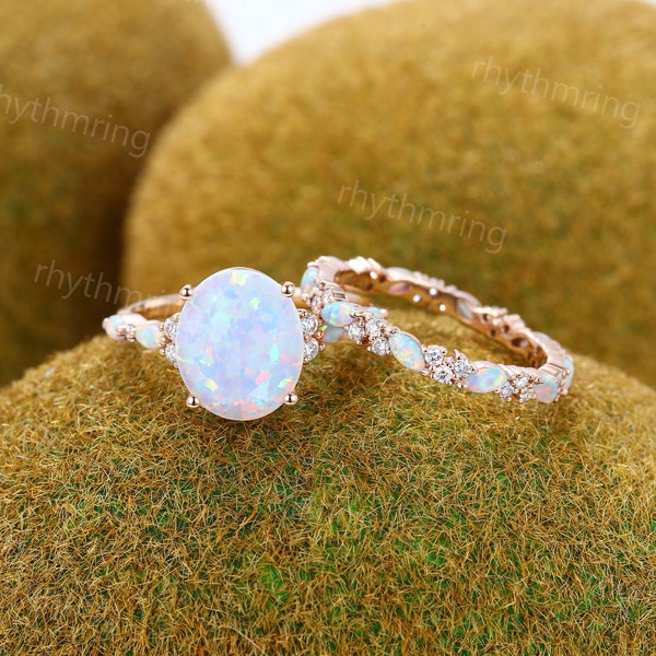 Vintage Opal engagement ring set Unique Diamond rose gold ring Full eternity Opal cluster ring Art deco Bridal ring Wedding Anniversary ring