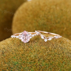 Pear shaped Morganite engagement ring set vintage Unique rose gold bridal set Antique Marquise cut Diamond ring set Promise Anniversary ring