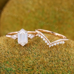 Elongated Hexagon Moissanite engagement ring set Unique Rose gold engagement ring Kite cut Diamond Wedding ring Promise Anniversary ring