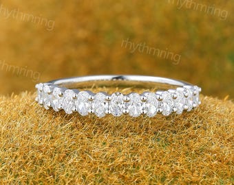 Halbe Ewigkeit Labor Diamant Ehering Solid Weißgold Ehering Vintage Oval Diamant Band Art-Deco Braut Matching Stacking Band