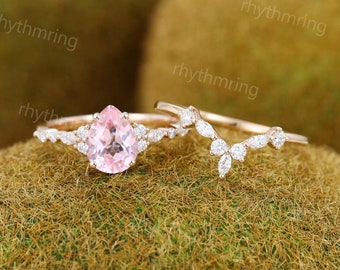 Pink Sapphire engagement ring set Vintage Pear shaped rose gold ring Marquise cut Diamond cluster ring Wedding Promise Anniversary ring set