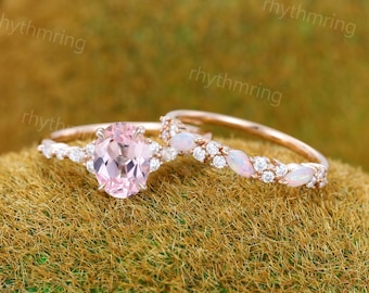 Pink Sapphire engagement ring set Vintage Oval rose gold ring Unique Natural Opal ring Marquise cut Diamond ring Wedding Anniversary gift