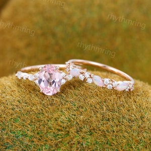 Pink Sapphire engagement ring set Vintage Oval rose gold ring Unique Natural Opal ring Marquise cut Diamond ring Wedding Anniversary gift