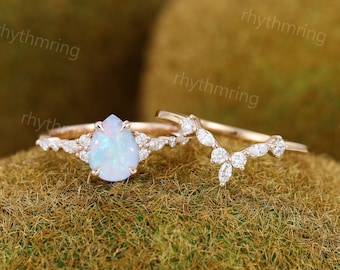 Unique Pear shaped Opal engagement ring set vintage rose gold bridal set Antique Marquise cut Diamond ring set Promise Anniversary ring gift