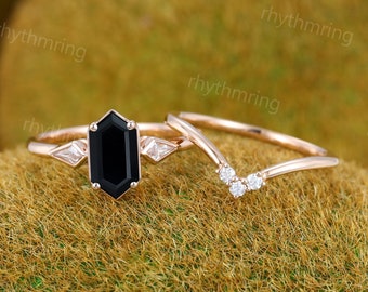 Elongated Hexagon Black Onyx engagement ring set Vintage rose gold engagement ring Curved ring Kite Diamond ring Promise Anniversary ring