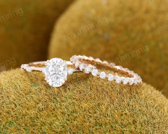 Oval Moissanite engagement ring set Marquise Diamond Cluster ring Milgrain ring Rose gold ring Bridal set Wedding Promise Anniversary ring