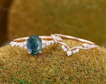 Oval Green blue sapphire engagement ring set Vintage rose gold teal sapphire ring Marquise cut Diamond ring Promise Anniversary ring set