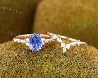 Oval Cornflower Blue Sapphire engagement ring set Vintage Rose gold ring Marquise cut Diamond cluster ring Promise Anniversary ring set