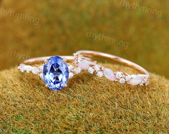 Anello di fidanzamento ovale con fiordaliso blu zaffiro Anello in oro rosa opale vintage Anello con diamante taglio marquise Anello di anniversario di promessa di matrimonio