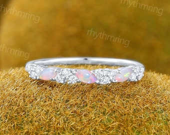 Marquise cut Opal wedding band Vintage Unique White gold wedding band Half eternity Moissanite Wedding band Bridal Matching Stackable band