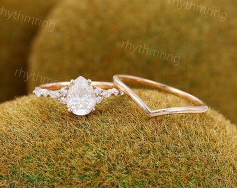 Unique Pear shaped Moissanite engagement ring set Simple rose gold engagement ring set Plain Curved Wedding ring Promise Anniversary ring