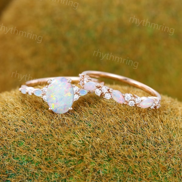 Delicate  Oval Opal engagement ring set Unique rose gold engagement ring Marquise Diamond ring Art deco Bridal Promise Anniversary ring set