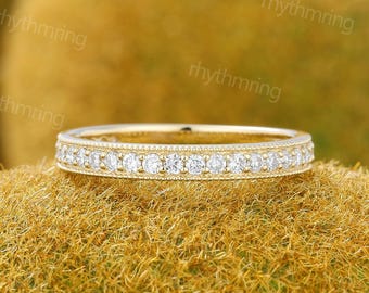 Moissanite Ehering Gelbgold Milgrain Band Frauen Micro pflastern 3/4 Eternity Diamant Ehering Brautpaar Ring