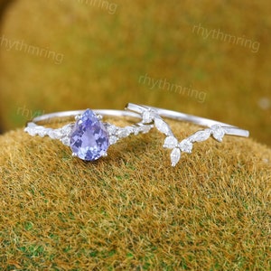 Vintage Pear shaped Tanzanite engagement ring set White gold Bridal set Marquise cut Diamond cluster ring Art deco Promise Anniversary ring