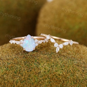 Unique Pear shaped Opal engagement ring set vintage rose gold bridal set Antique Marquise cut Diamond ring set Promise Anniversary ring gift
