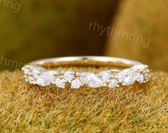 Half eternity Moissanite wedding band Unique 14K gold wedding band Vintage Delicate Marquise wedding band Bridal Matching Stackable band