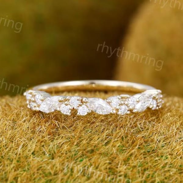Half eternity Moissanite wedding band Unique 14K gold wedding band Vintage Delicate Marquise wedding band Bridal Matching Stackable band