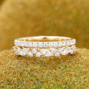 Half eternity Moissanite wedding band Unique Solid 14K gold wedding band Delicate Marquise wedding band Bridal Matching Stackable band