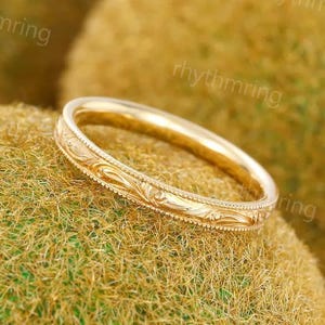 Filigree wedding band Vintage Yellow gold Plain wedding band women Milgrain ring Engraved Solid gold band Bridal Matching band promise gift