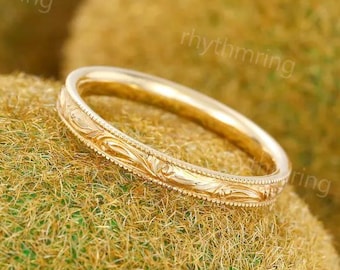 Filigree wedding band Vintage Yellow gold Plain wedding band women Milgrain ring Engraved Solid gold band Bridal Matching band promise gift