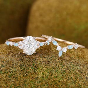 Anillo de compromiso vintage de moissanita ovalada, anillo de compromiso único de oro rosa, anillo de bodas de ópalo de corte marquesa, anillo de promesa de aniversario, regalo
