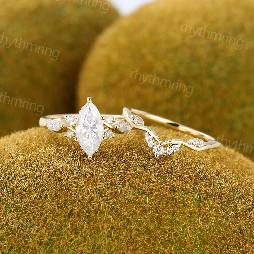 Marquise Cut Moissanite Engagement Ring Set Vintage Yellow Gold Ring ...