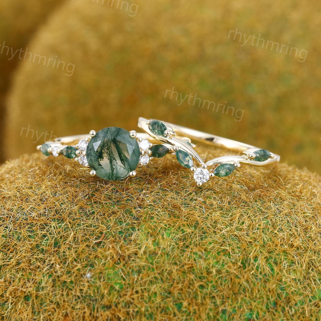 Moss Agate Engagement Ring Vintage Solid Yellow Gold Bridal Set Antique ...