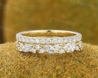 Halbe Ewigkeit Labor Diamant Ehering Einzigartige Solide Gelbgold Hochzeitring Marquise Cut Band Braut Passende stapelbare Band