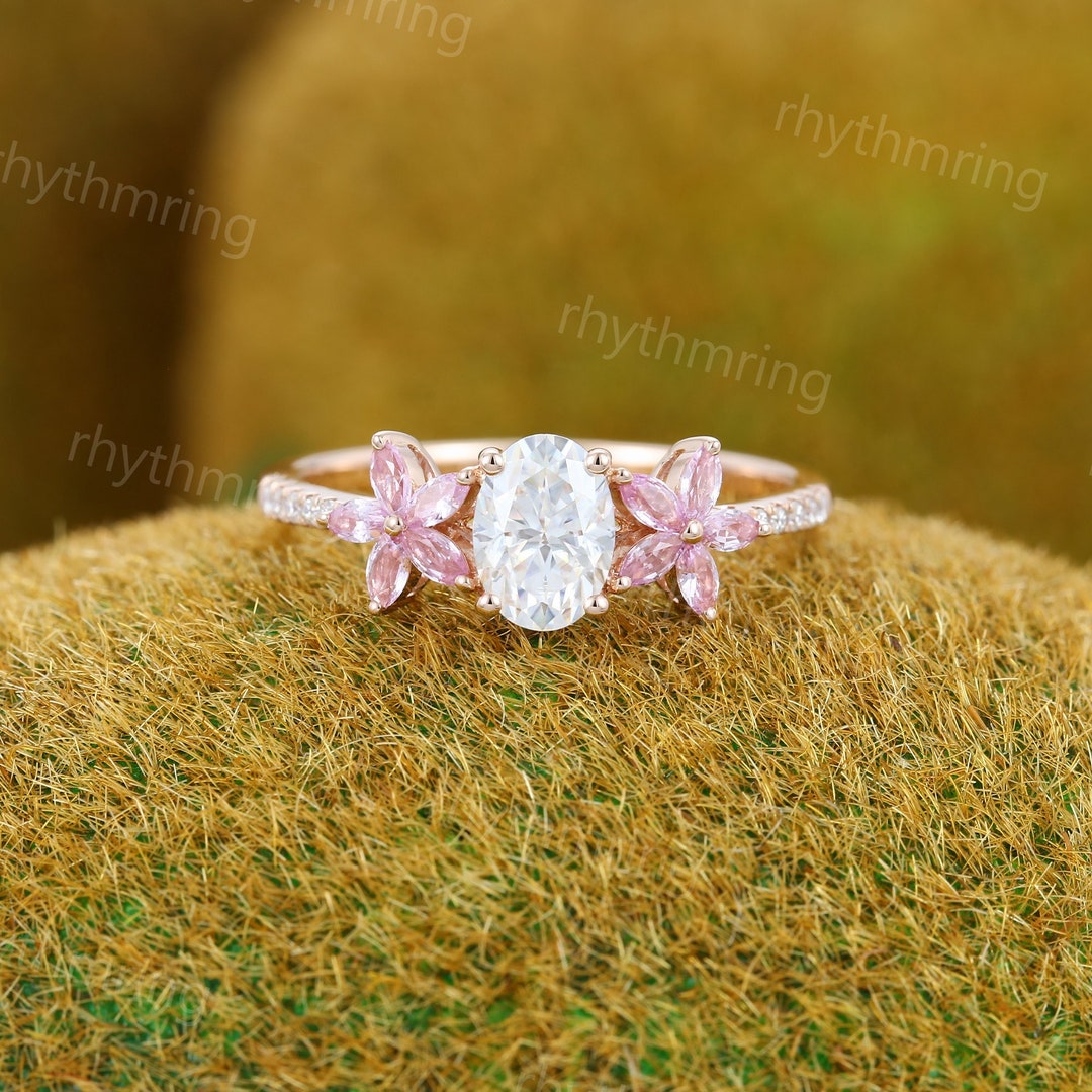 Unique Oval Moissanite Engagement Ring Vintage Rose Gold Engagement