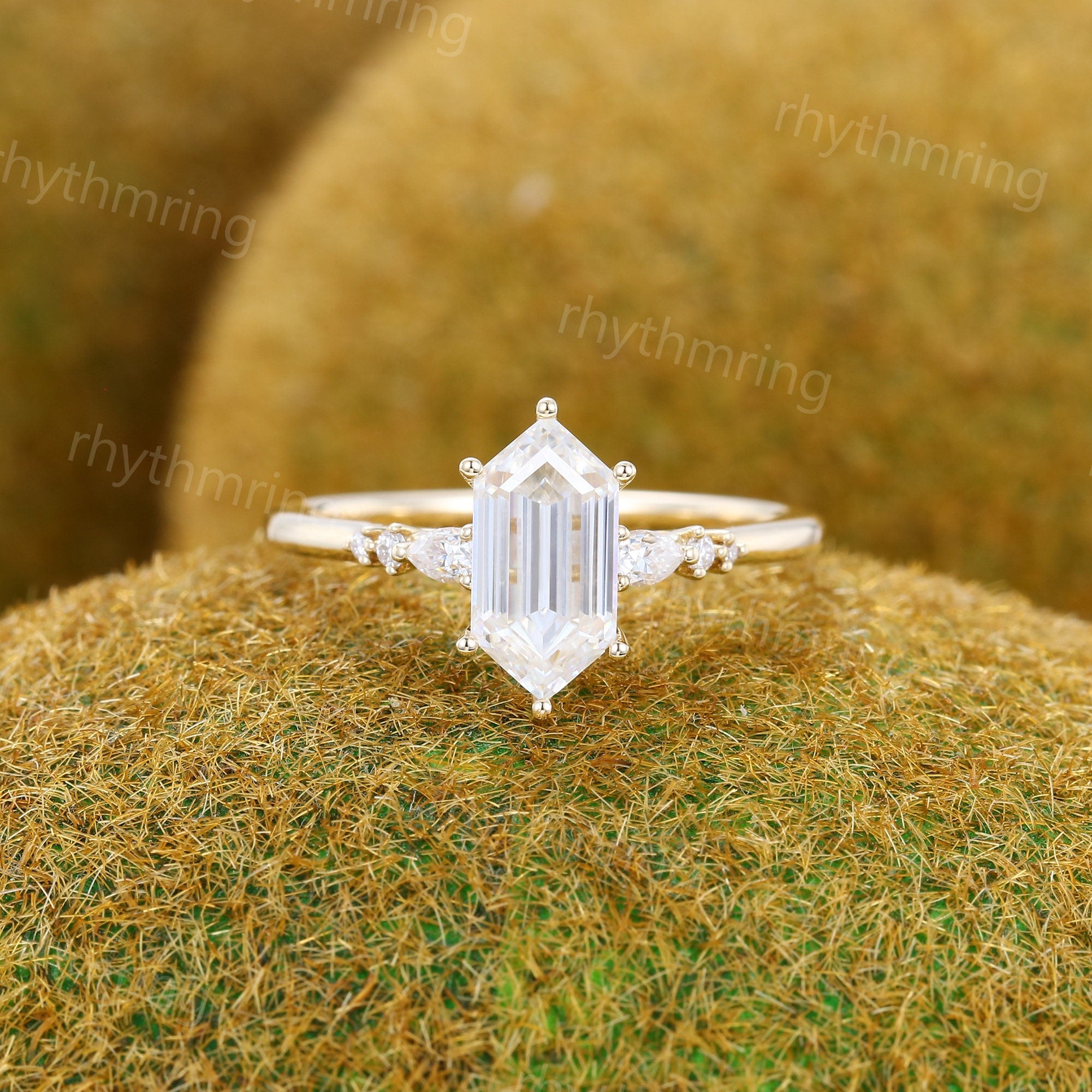 Vintage Elongated Hexagon Moissanite engagement ring Unique yellow gold engagement ring Pear shaped ring Wedding Promise Anniversary gift