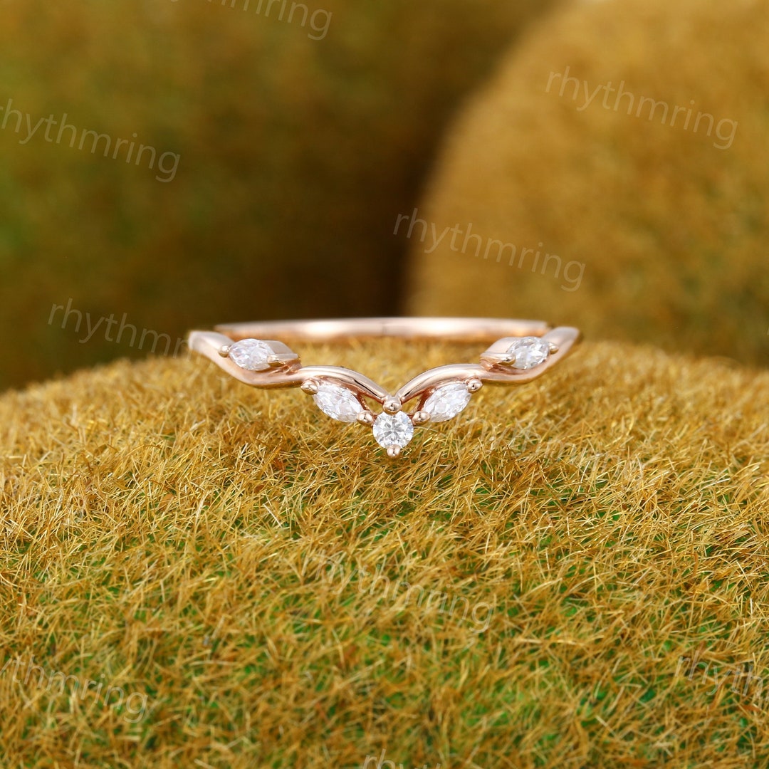 Marquise Moissanite Curved Wedding Band Vintage Unique Rose Gold Art ...