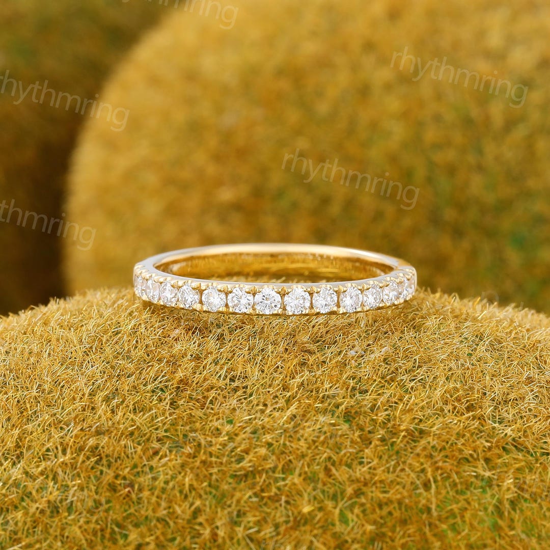 2mm Lab Grown Diamond Wedding Band Vintage Half Eternity Yellow Gold ...