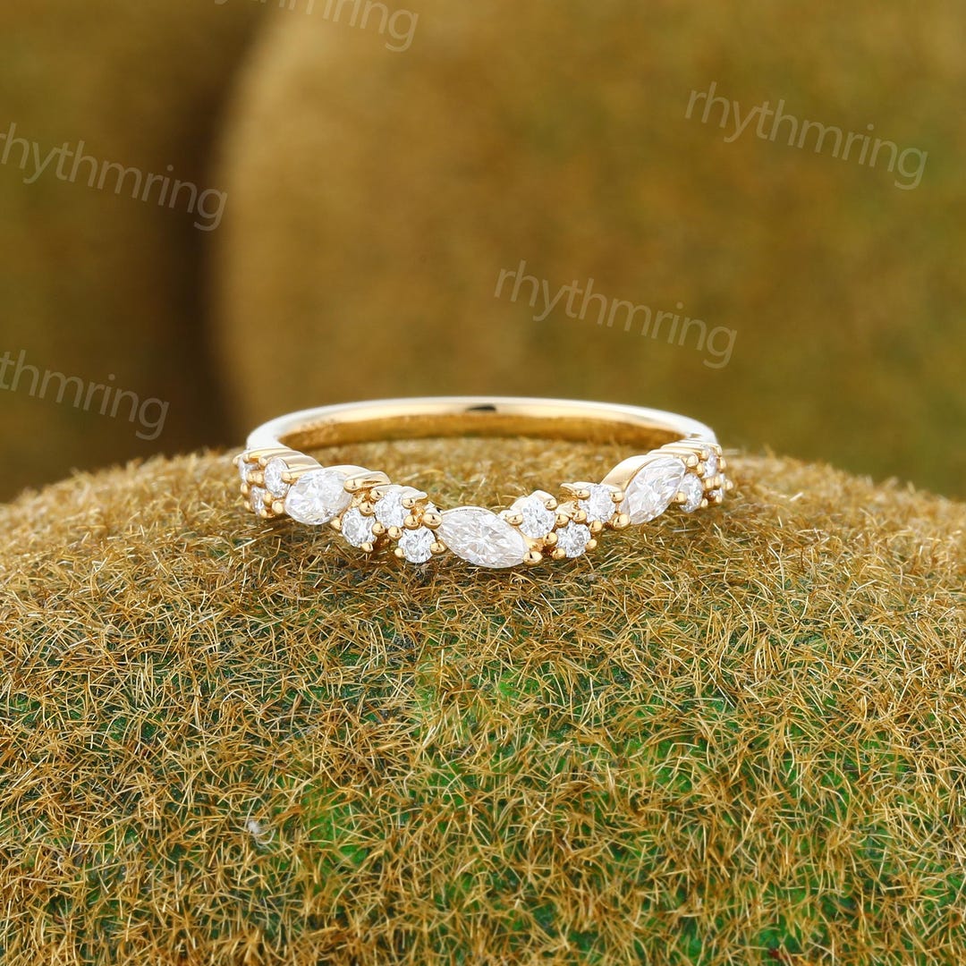 Half Eternity Moissanite Wedding Band 14K Yellow Gold Band Vintage ...