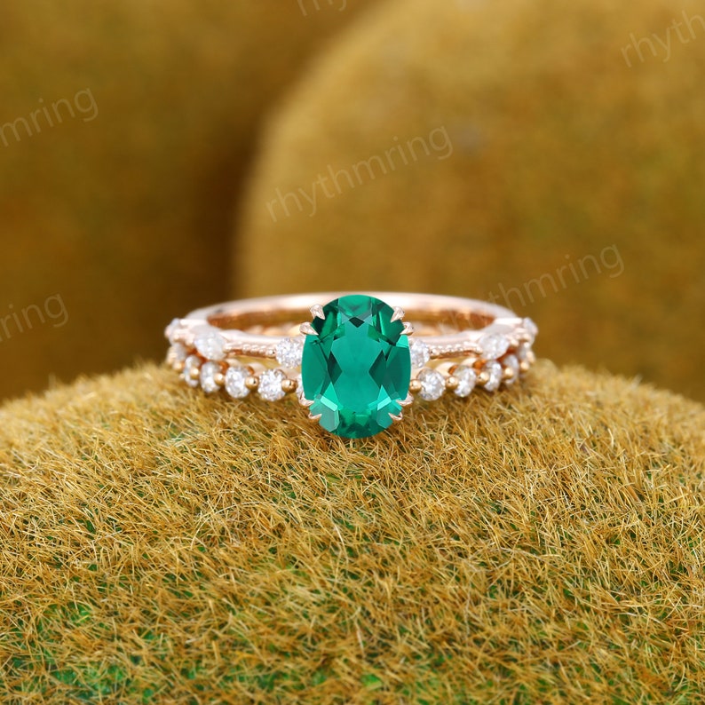 Oval Emerald engagement ring set Vintage Rose gold engagement ring Milgrain ring Art deco full eternity ring Bridal Promise Anniversary ring image 2