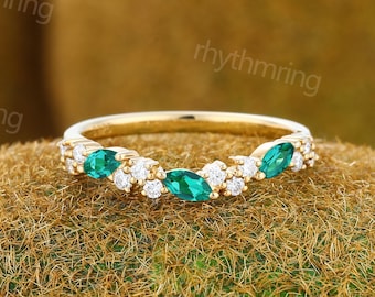 Halbe Ewigkeit Smaragd Ehering Solid Gelbgold Band Vintage Gebogener Ring Zarte Marquise Cut Band Braut Passende stapelbare Band