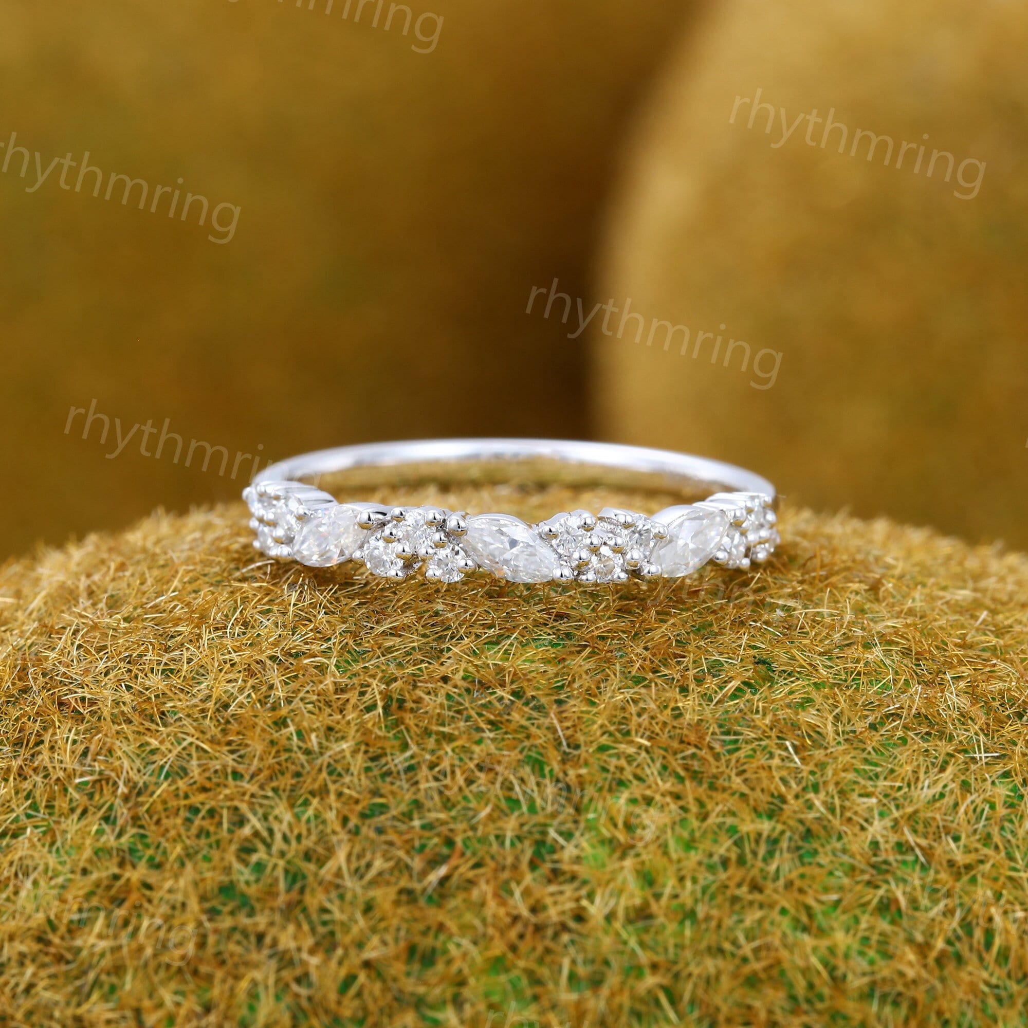 Delicate Moissanite wedding band Unique White gold wedding band Vintage Half eternity Marquise wedding band Bridal Matching Stackable band