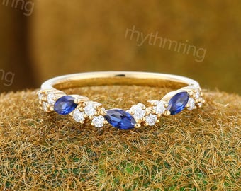 Halbe Ewigkeit Blauer Saphir Ehering Gelbgold Band Vintage Gebogener Ring Zarte Marquise Hochzeitring Braut Ring passend stapelbar