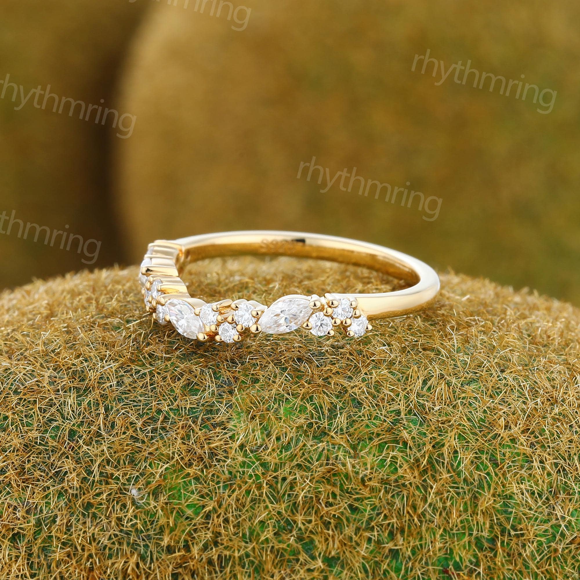 Half Eternity Moissanite Wedding Band 14K Yellow Gold Band Vintage ...