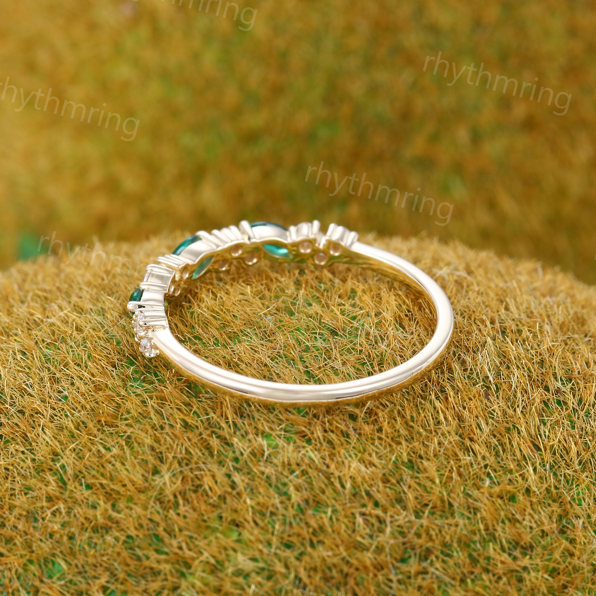 Vintage Emerald Wedding Band Yellow Gold Wedding Band Unique Marquise ...