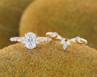 Oval Moissanite engagement ring set vintage Unique rose gold bridal set Antique Marquise Diamond ring set Promise Anniversary ring for women