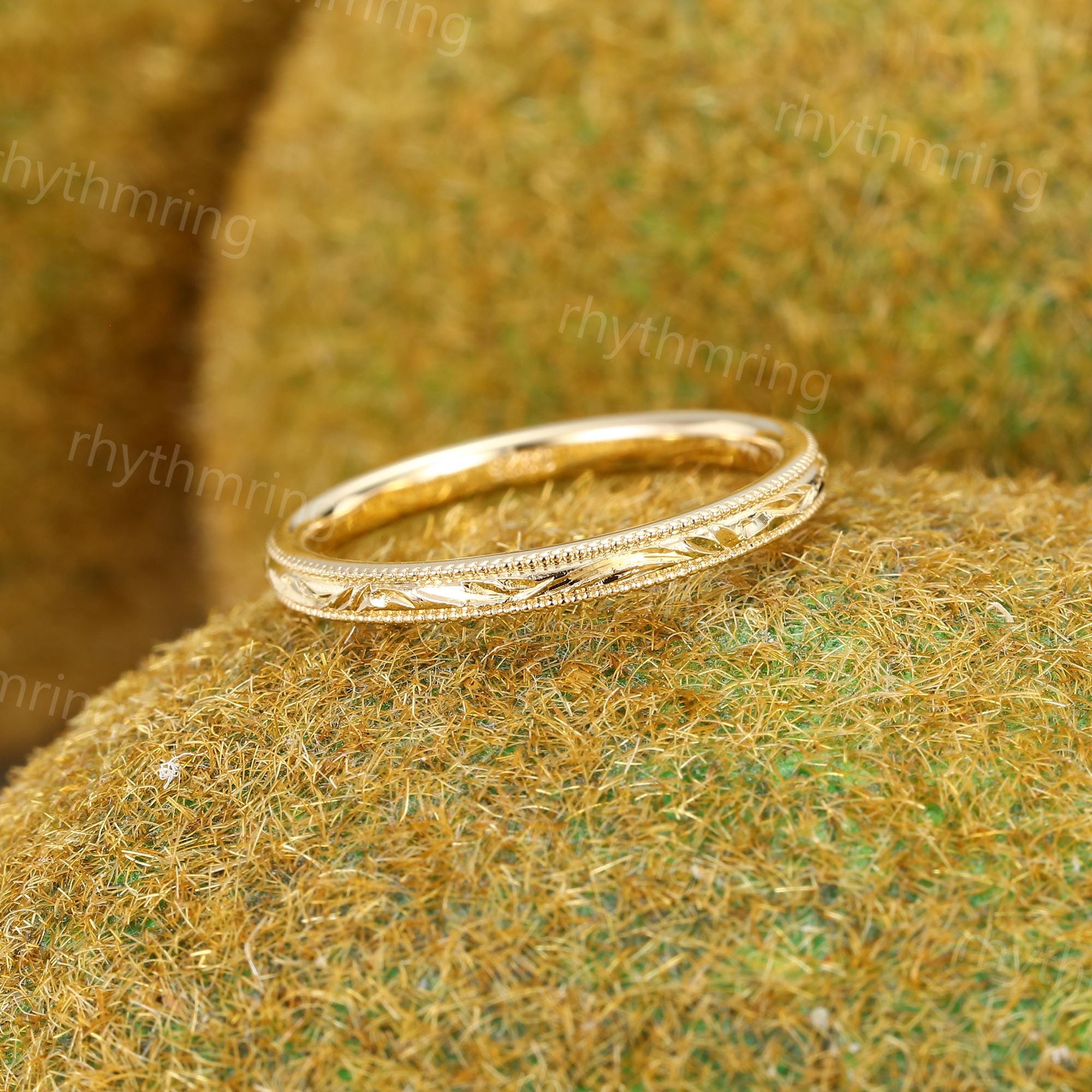 2mm Filigree wedding band Vintage Yellow gold Plain wedding band Milgrain ring Engraved Solid gold band Bridal Matching band promise gift