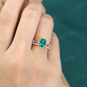 Oval Emerald engagement ring set Vintage Rose gold engagement ring Milgrain ring Art deco full eternity ring Bridal Promise Anniversary ring image 5