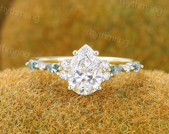 1 Karat birnenförmiger Labor gewachsener Diamant Verlobungsring IGI-Zertifikatsring Gelbgoldring Marquise-Schliff Moosachat Versprechen Jahrestagsring