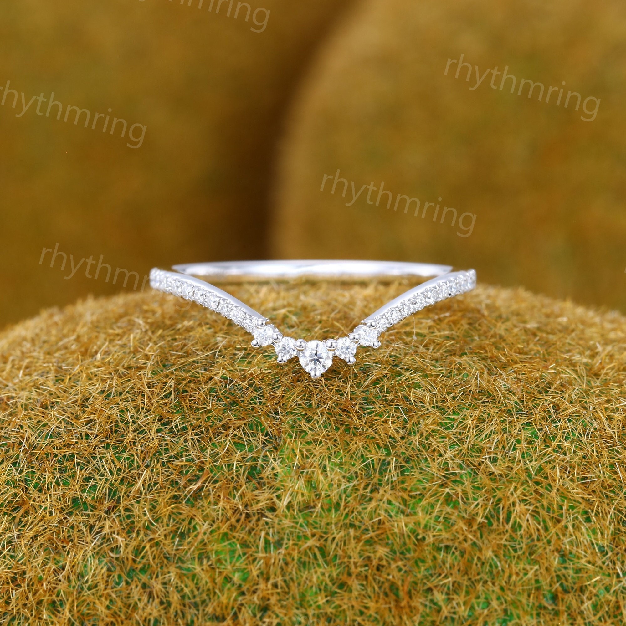 Unique Curved wedding ring Diamond wedding band Vintage 14K white gold Moissanite wedding band matching band Bridal promise Anniversary gift