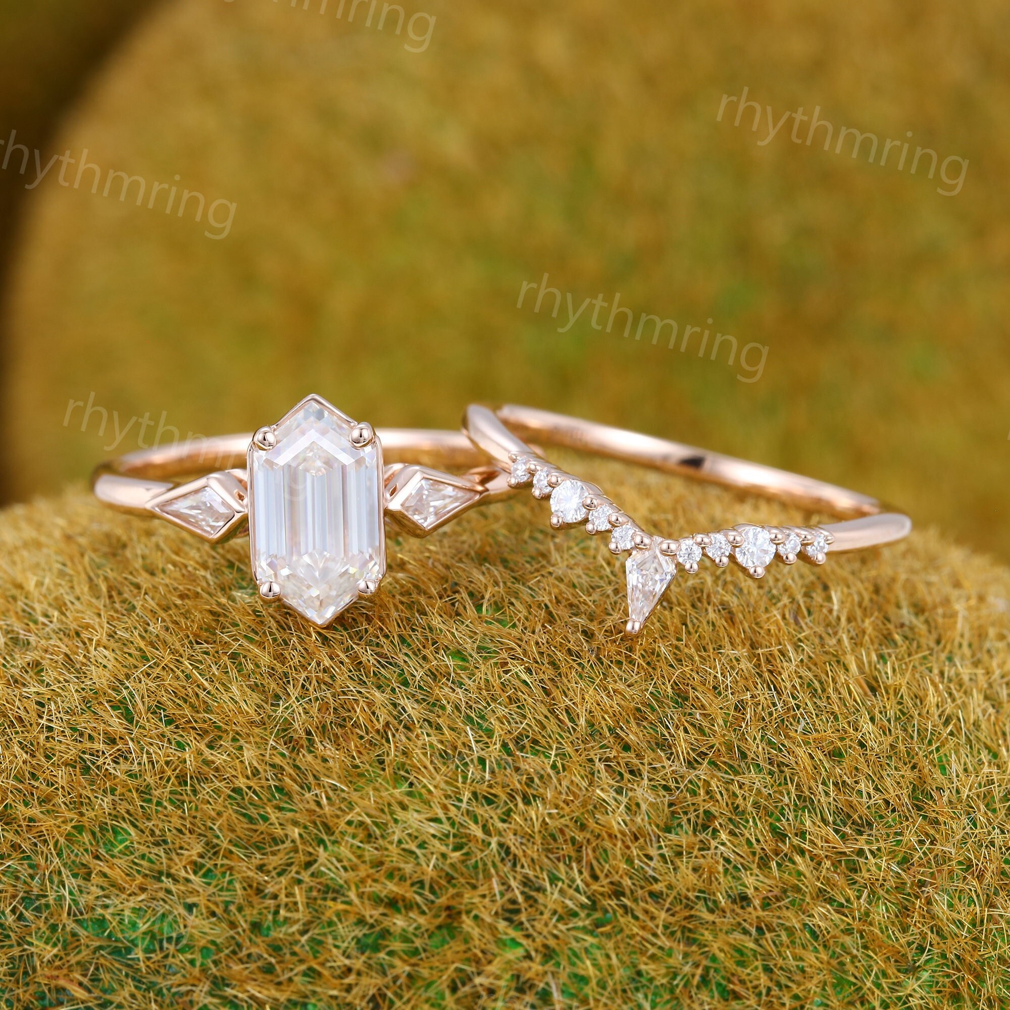 Elongated Hexagon Moissanite Engagement Ring Set Unique Rose Gold