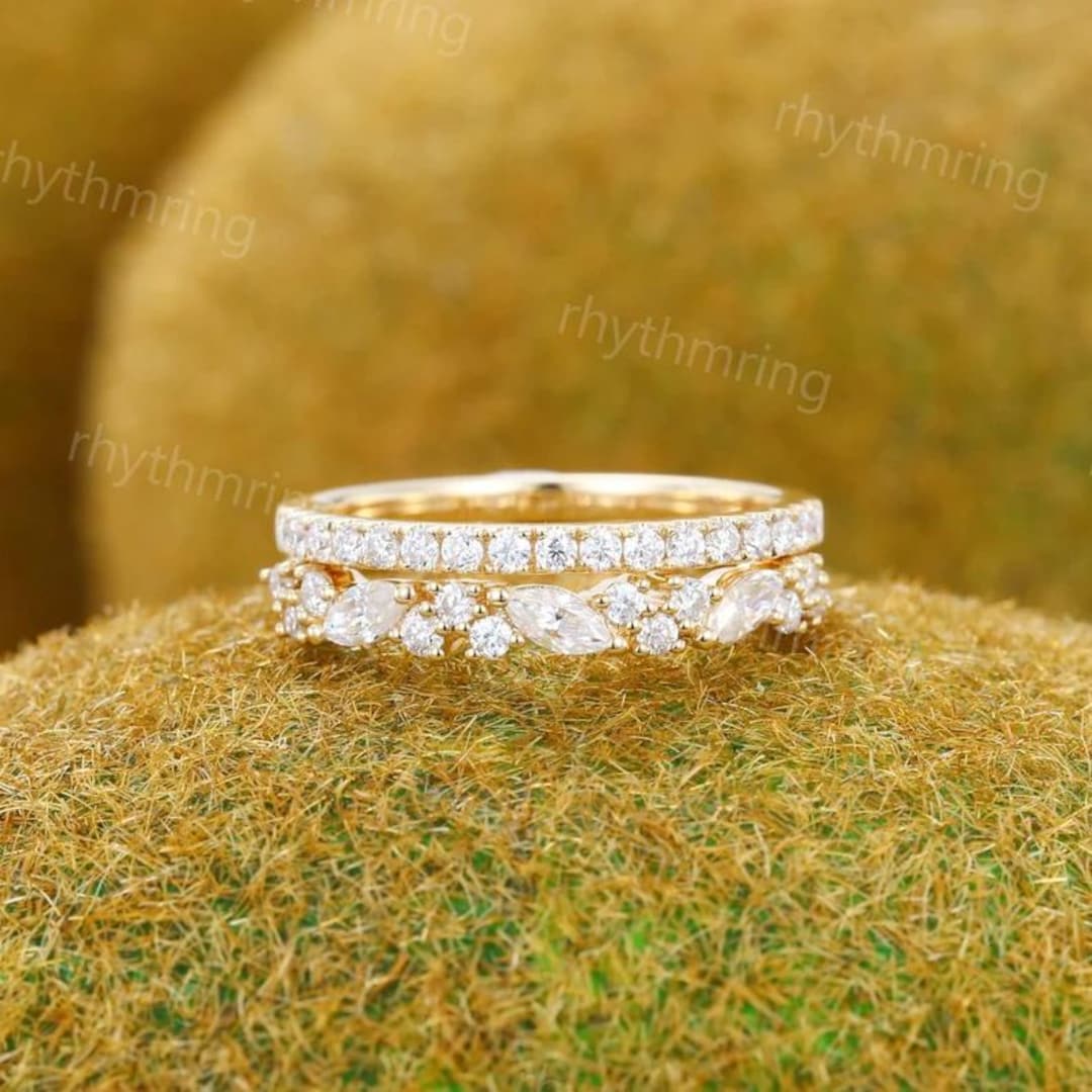 Half Eternity Moissanite Wedding Band Unique Solid 14K Gold Wedding ...