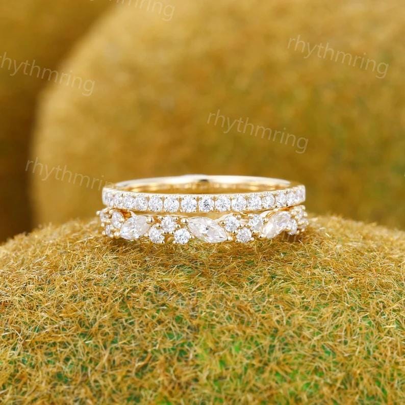 Half eternity Moissanite wedding band Unique Solid 14K gold wedding band Delicate Marquise wedding band Bridal Matching Stackable band