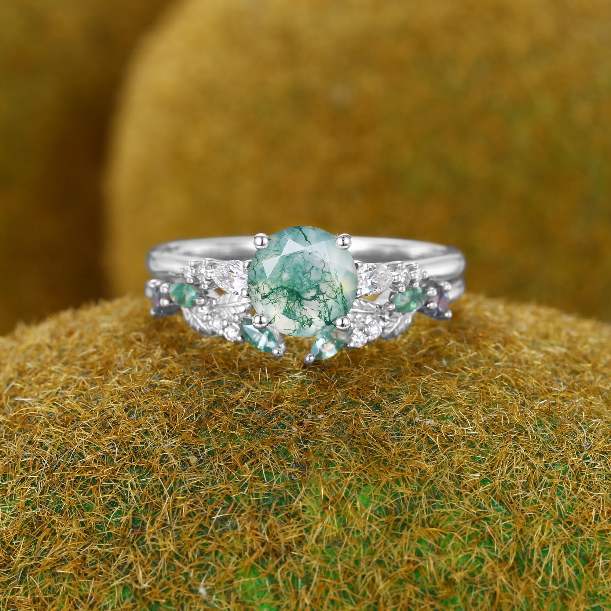 Natural Moss Agate Engagement Ring Solid Rose Gold Bridal Set