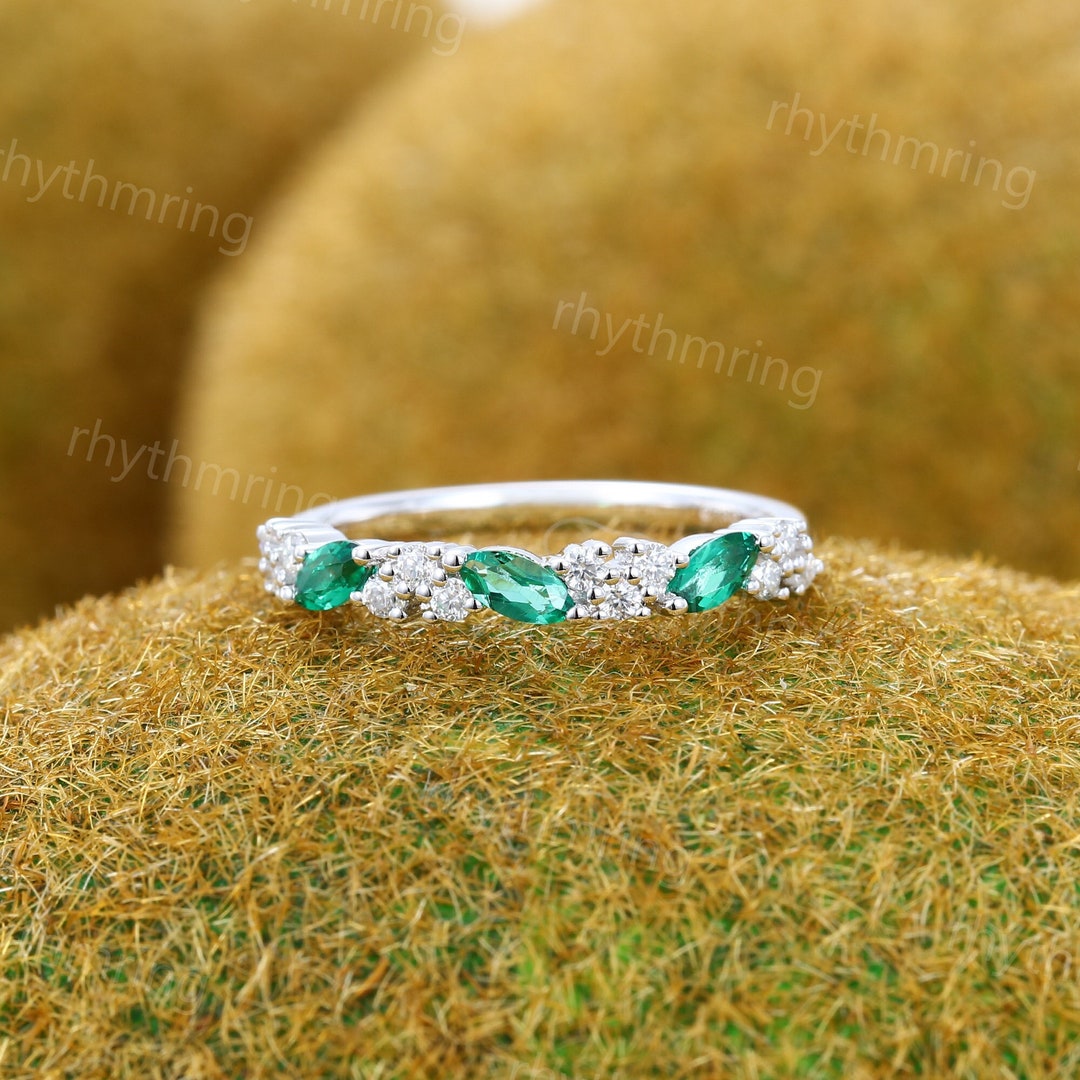 Vintage Emerald Wedding Band White Gold Wedding Band Unique Marquise — free download